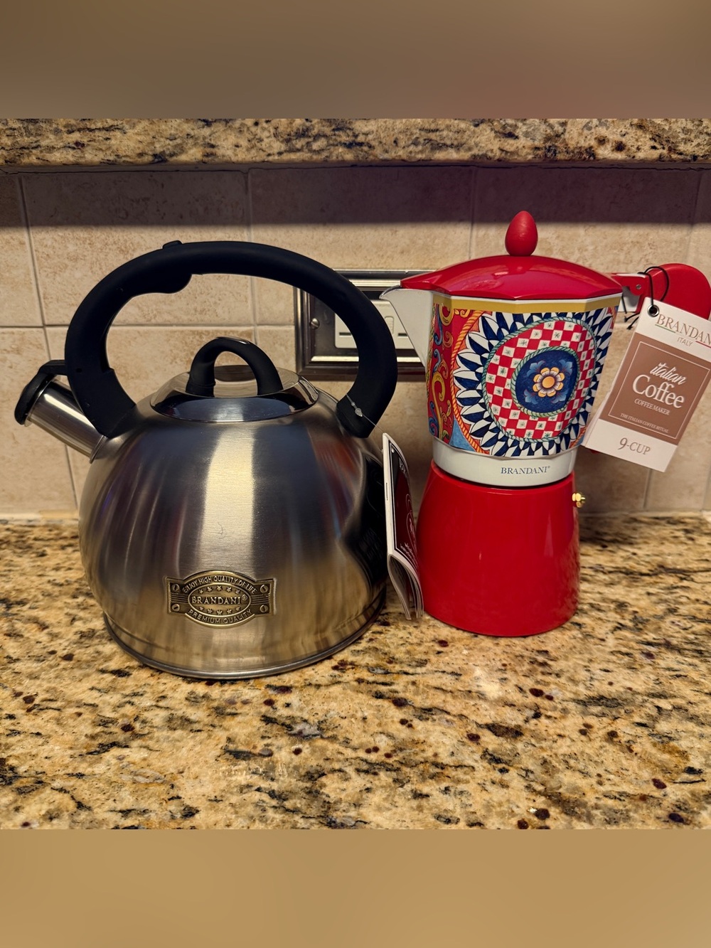 Brandani Italian Stainless 3.0 Qt Whistling Kettle & 9 Cup Moka Pot Coffee Maker